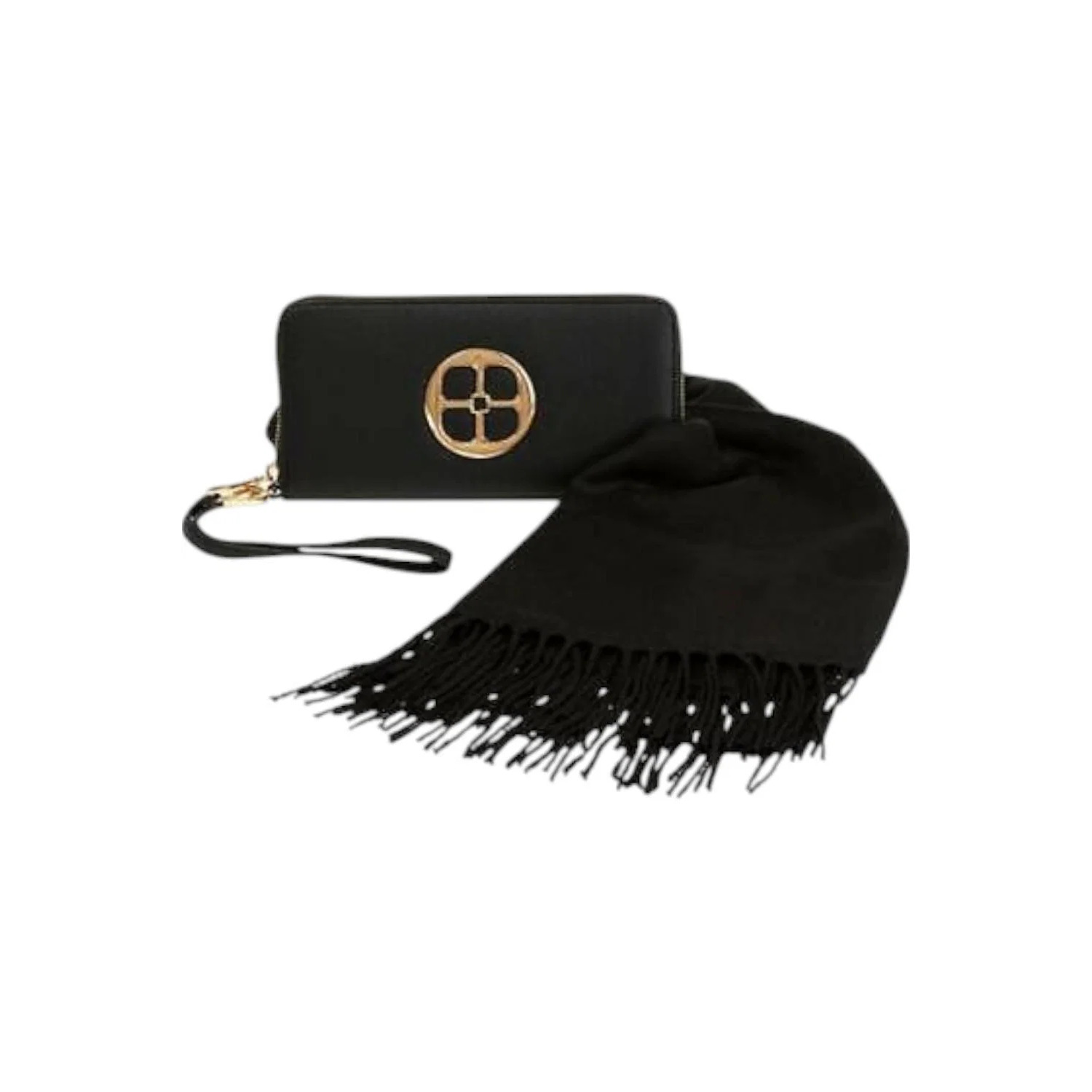 Iman Global Chic Logo Wallet Wristlet And Fringed Scarf Gift Set Black